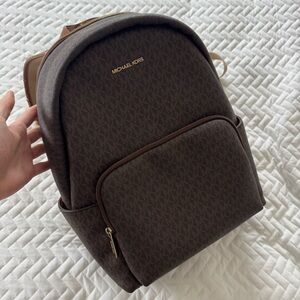 Michael Kors Erin Large Backpack Acorn Trim Brown Signature Logo Print Canvas